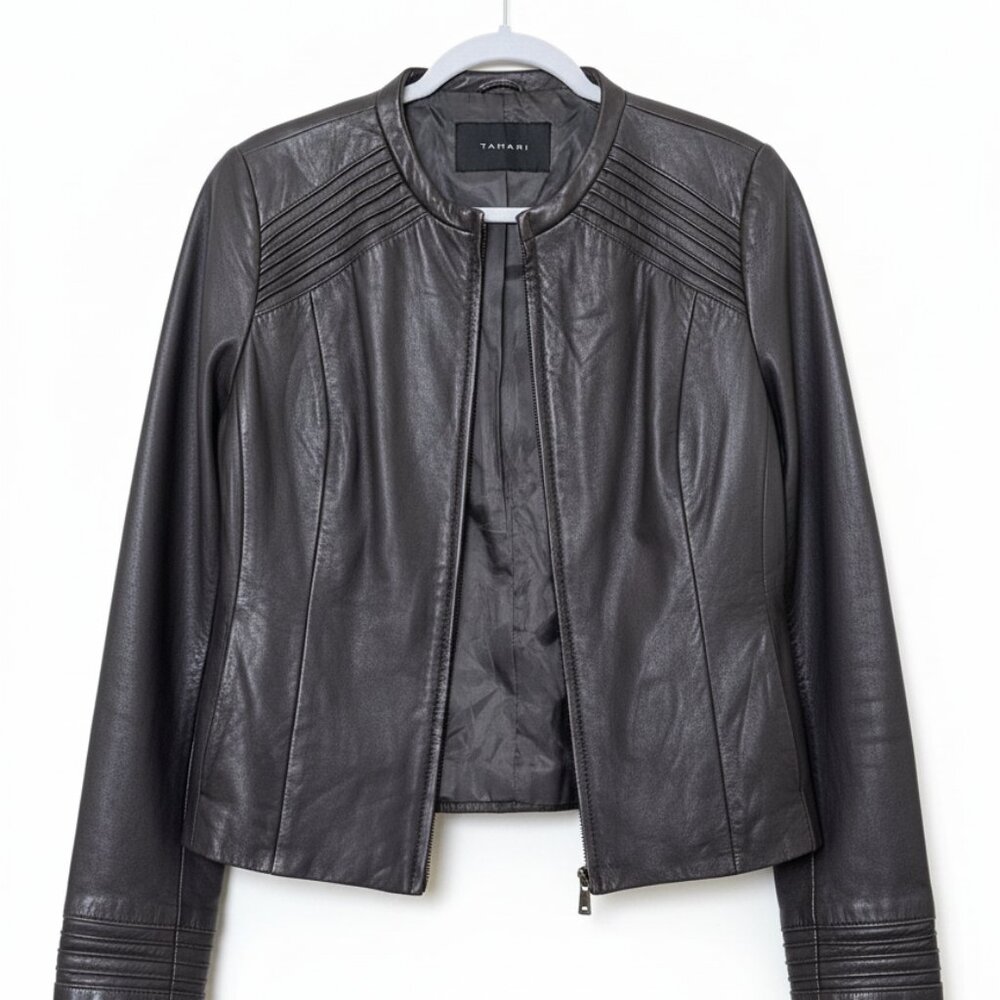 Tahari Dark Brown Genuine Leather Moto Jacket Women’s Medium – Zip Front - Picture 7 of 7